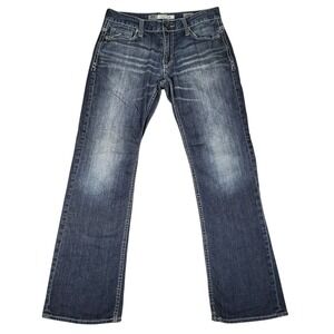 BKE Jeans Mens 31R Carter Relaxed Bootcut Dark Wash Denim Buckle Whiskered Faded